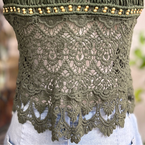U-style Olive Green Macrame Crochet Gold Tone Beaded Festival Ready Cropped Vest - Picture 7 of 8